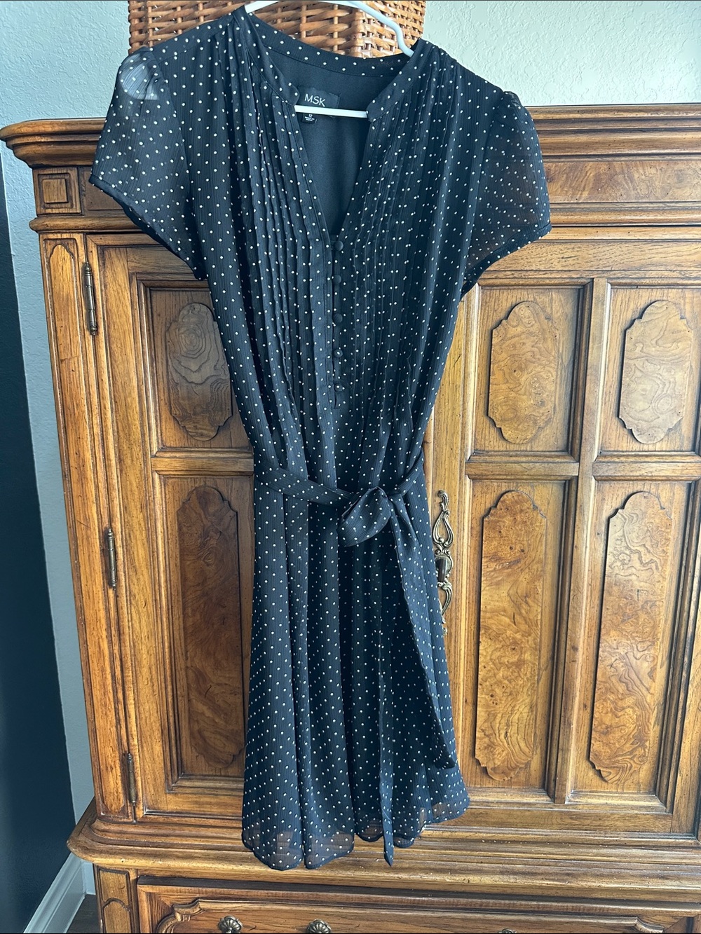 MSK Black Dress with White Dot Pattern and Tie Waist
